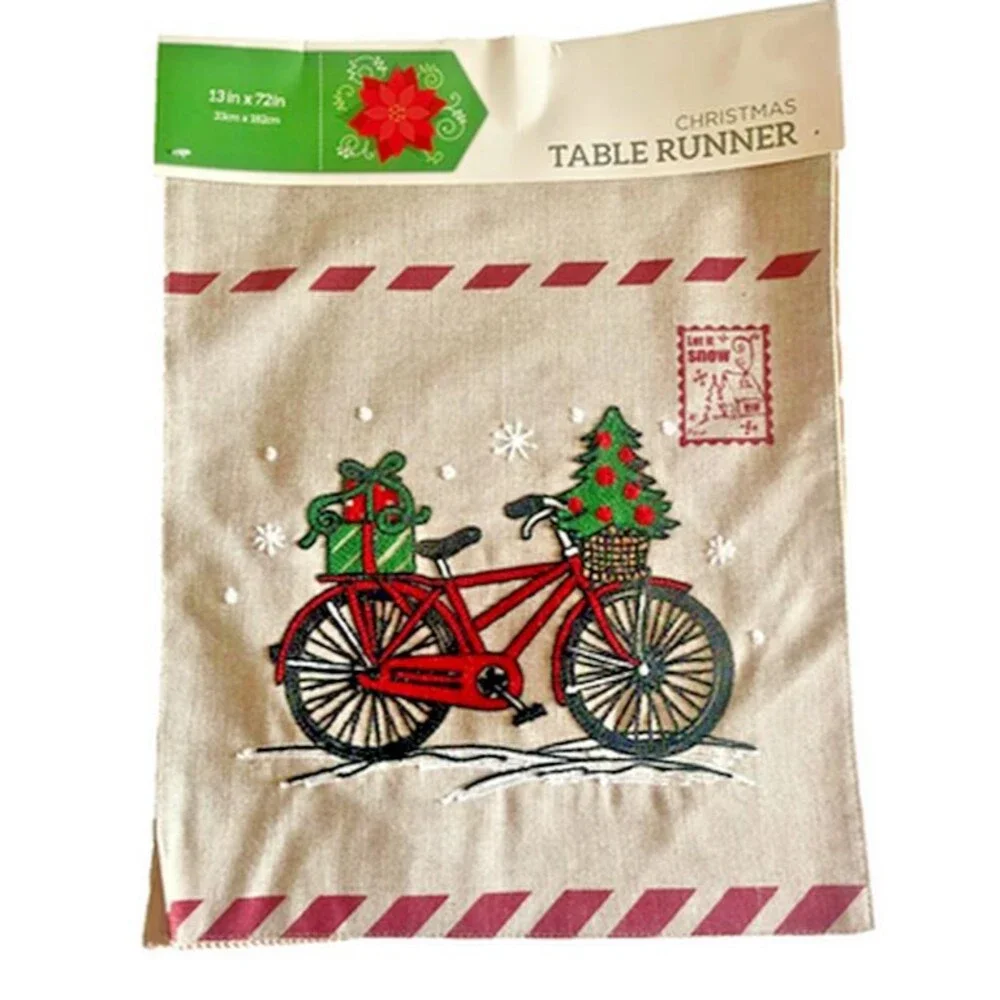 Christmas Bike Table Runner Embroidered Postcard Bicycle Holiday Winter 72x13